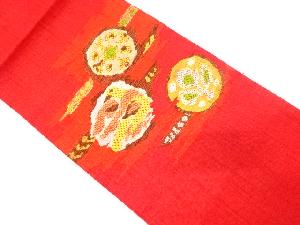 手織り紬　霞に花鳥模様織り出し　名古屋帯